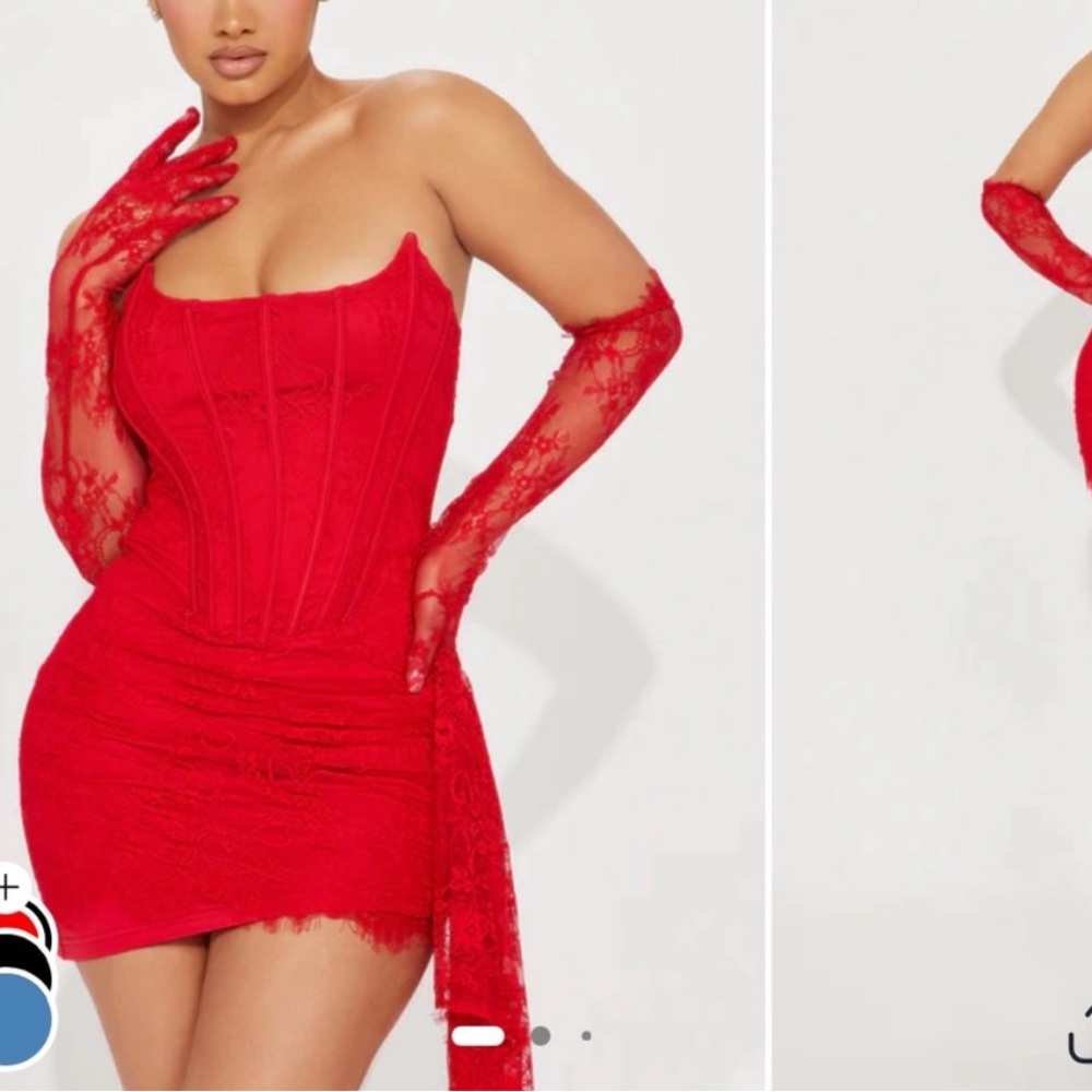 Fashion Nova Strapless Red Lace Dress & Gloves